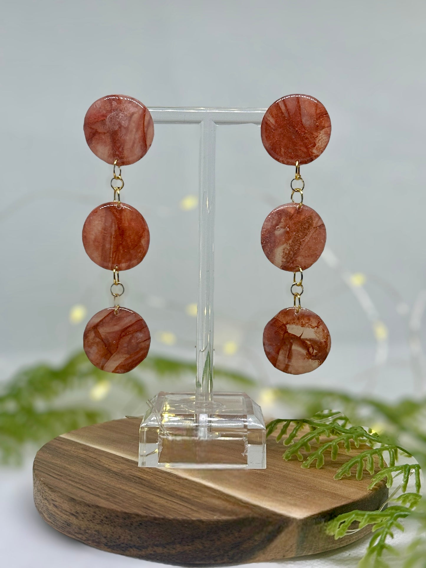 3 tier droplet earrings in marble design - warm Autumn colours